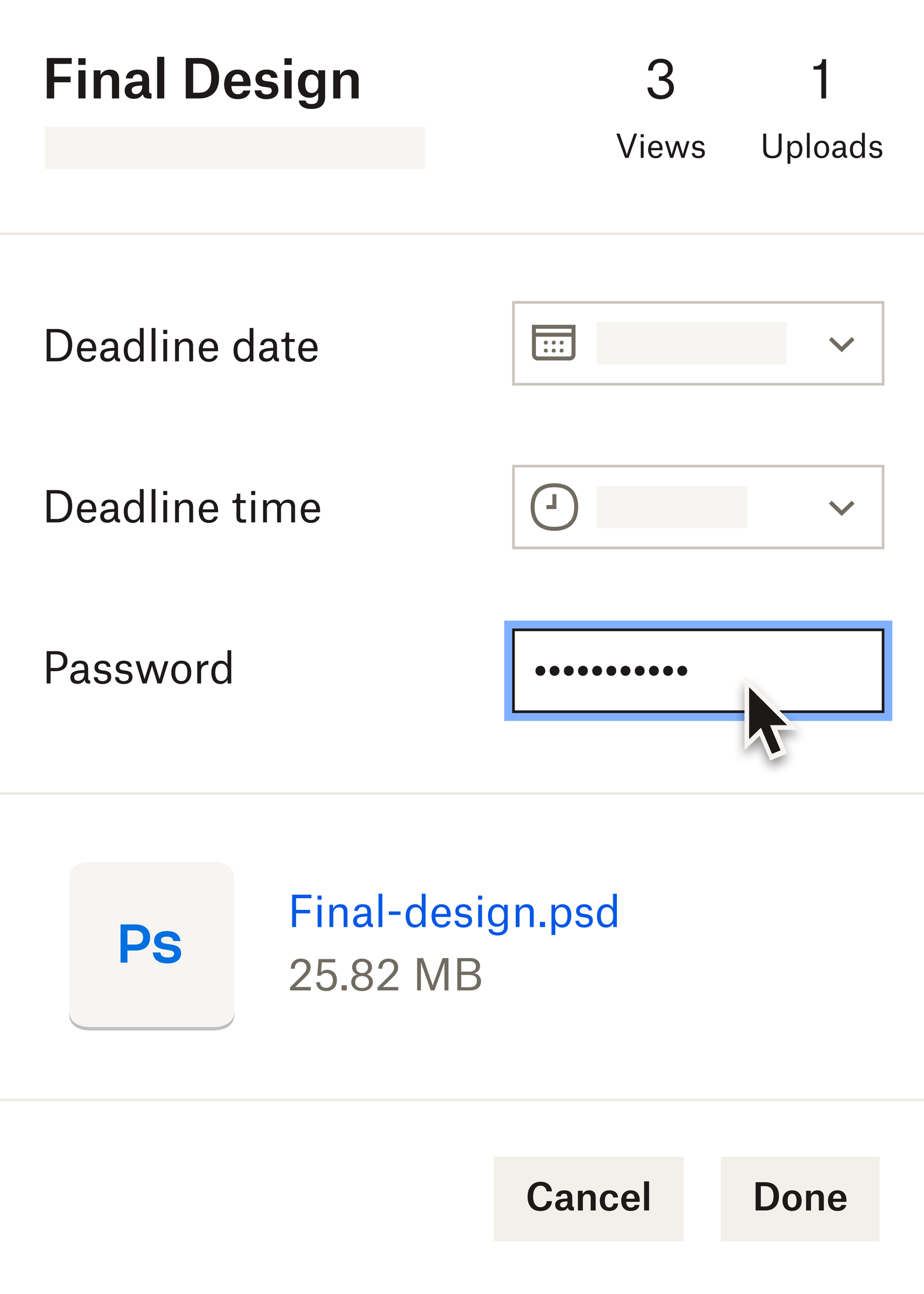 A visual example of the password protection settings for a file or folder in Dropbox cloud storage.